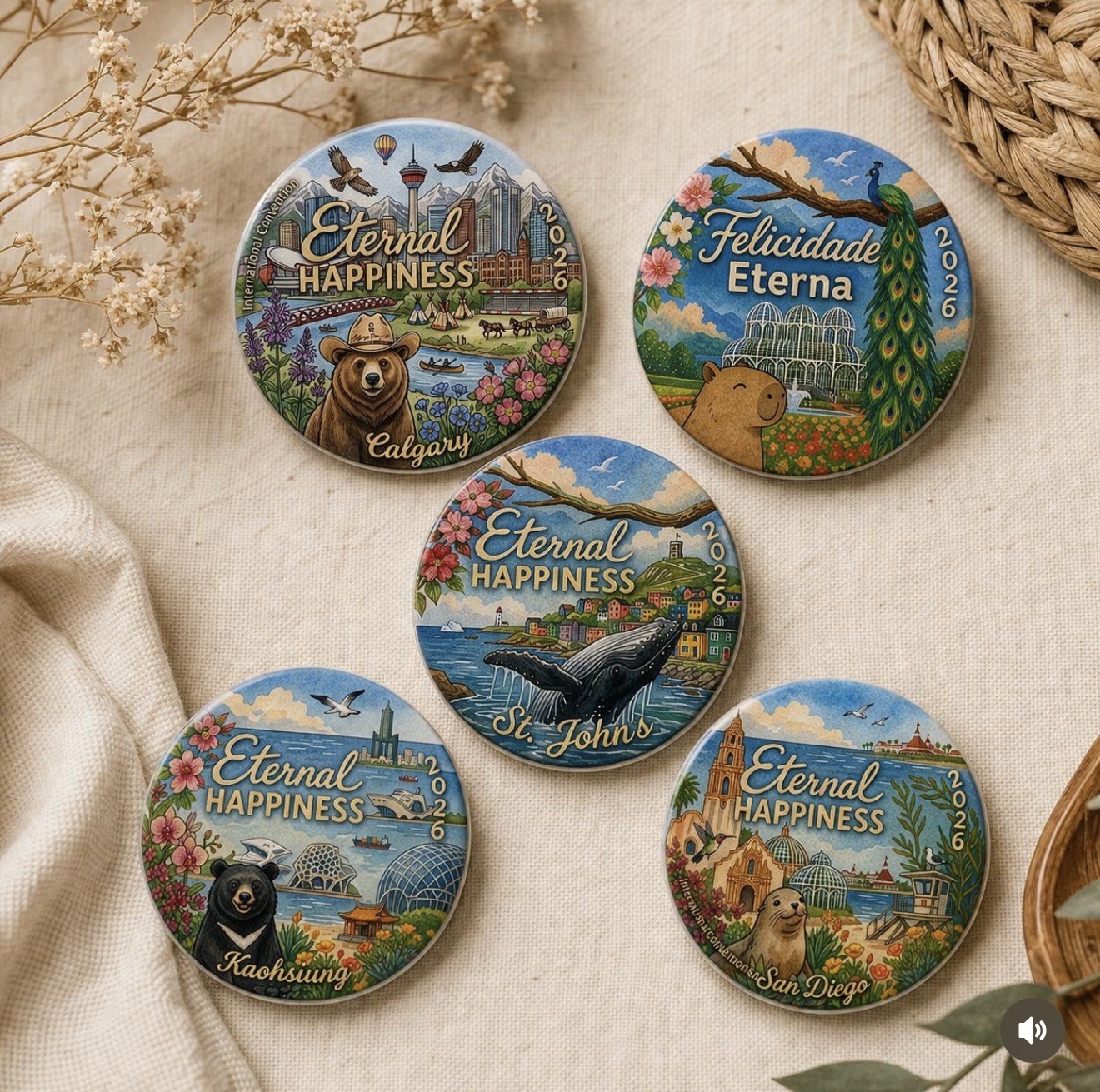Custom illustrated event button pins