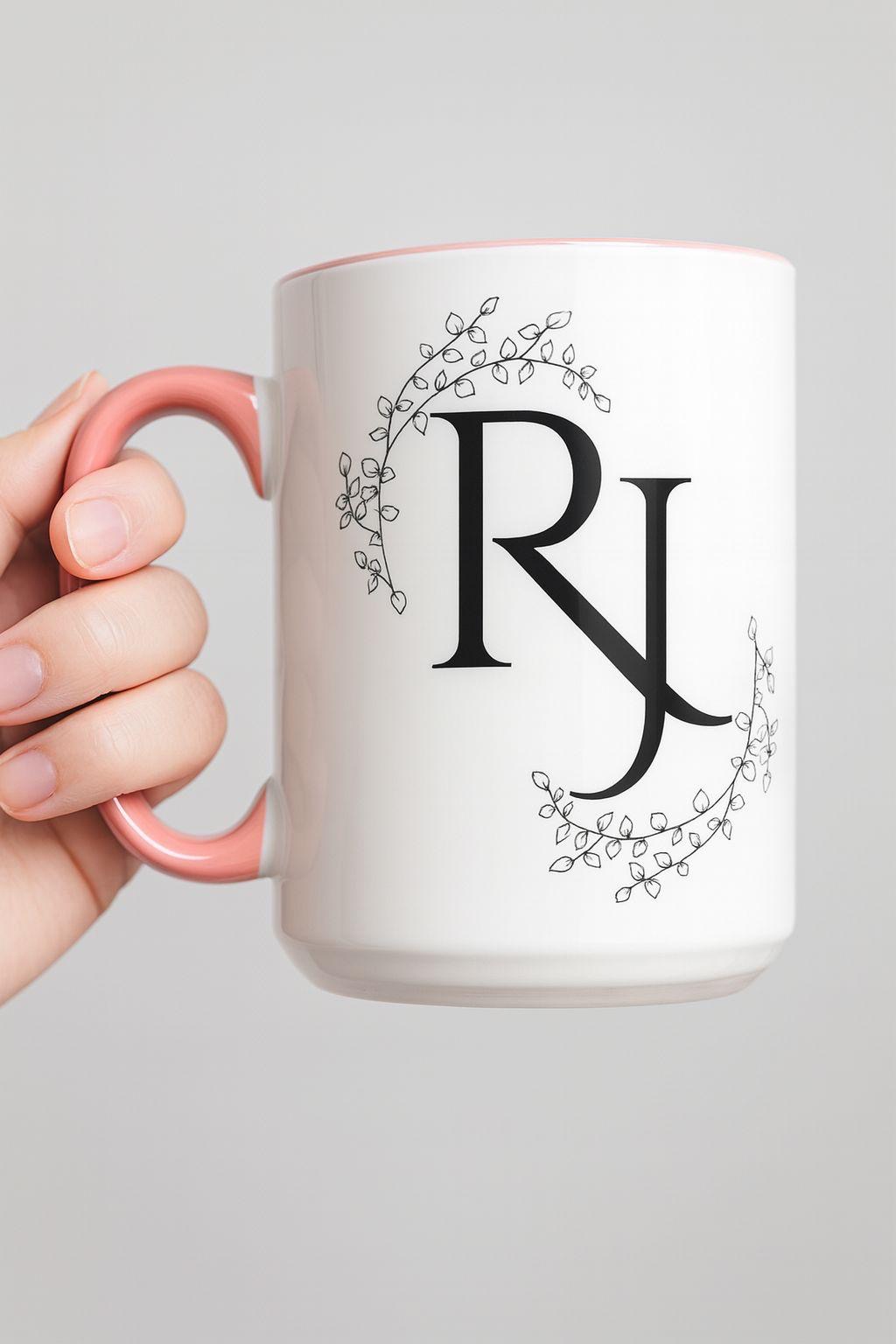 Elegant monogram mug with leaves