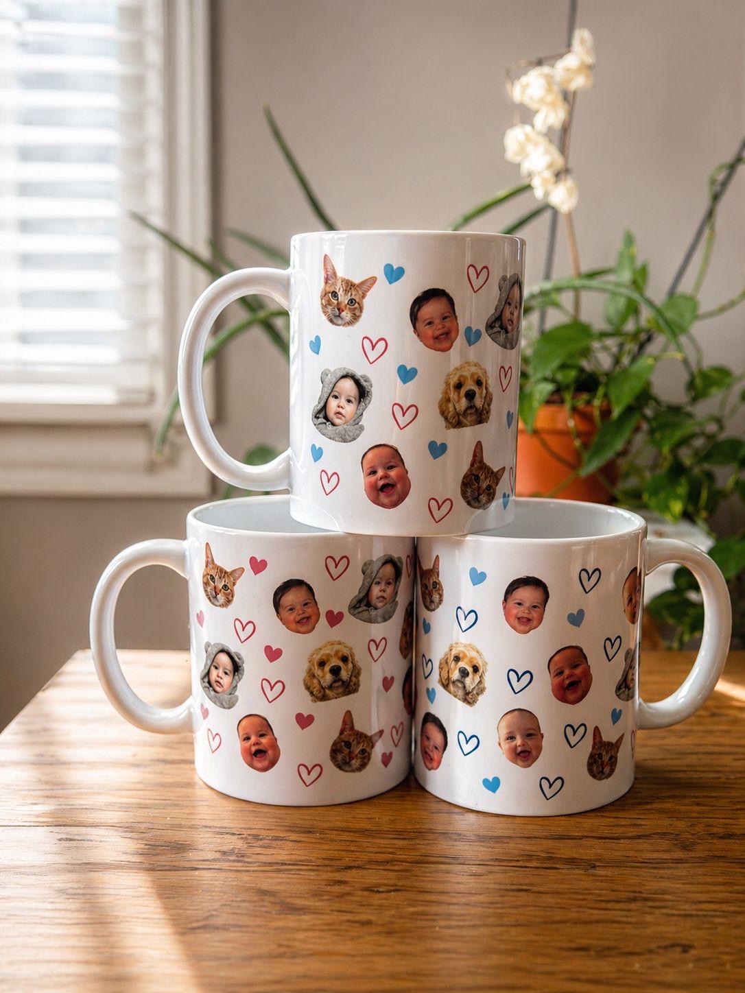 Custom photo face mugs with hearts